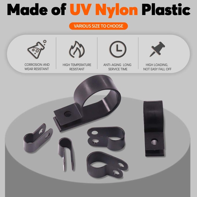 Rustark 135 Pcs 6 Size Black Nylon R-Type Cable Clamp Clips Fasteners Assortment kit with Mounting Screw and 135 Pcs Screws Organizer Cord Clips for Wire Management - Image 3